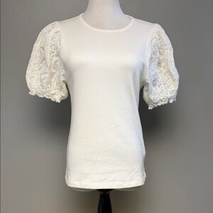 J.Crew Size L White Puff Sleeve Knit Top Cotton Modal Blend